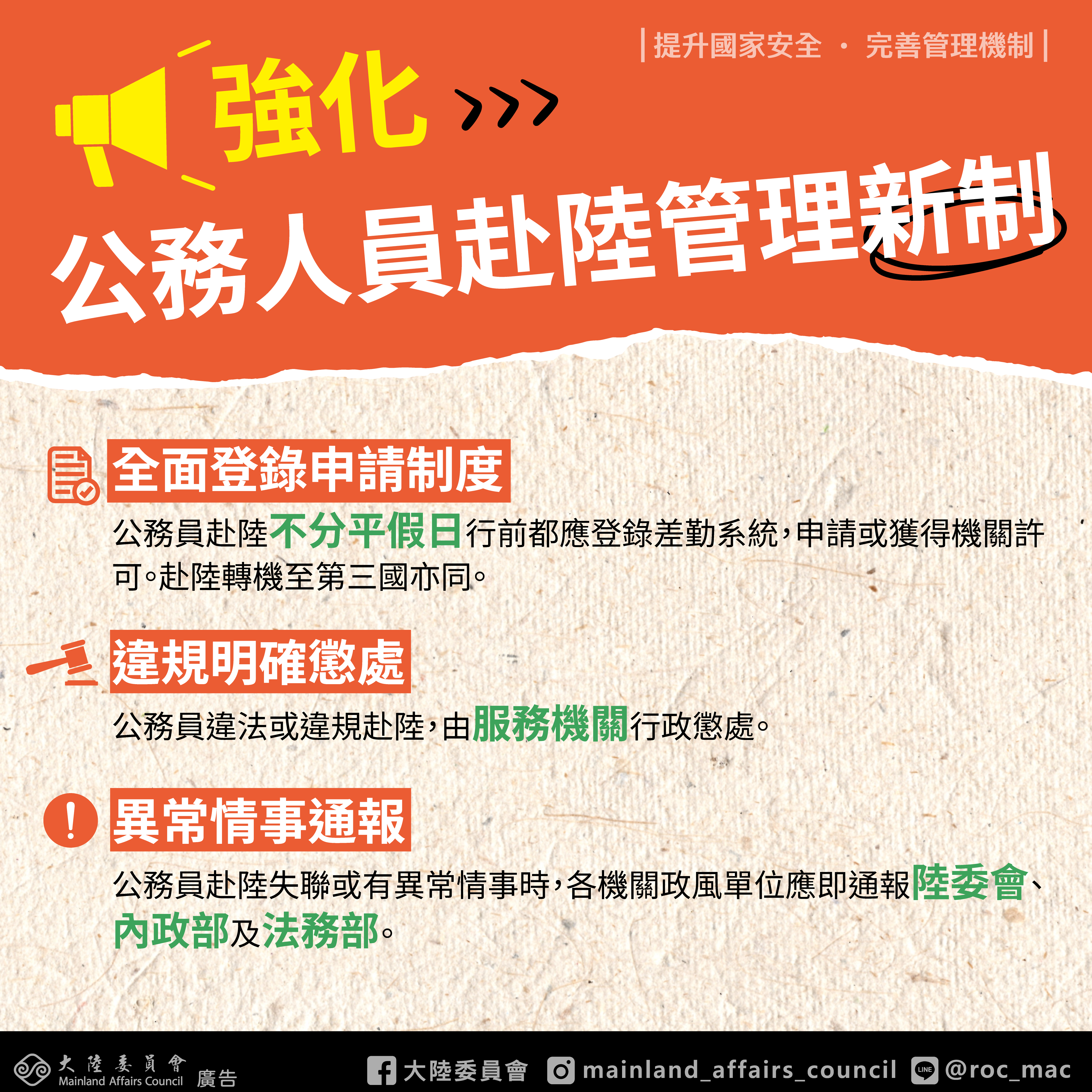 檢送大陸委員會「強化公務員赴陸港澳管理機制」精進措施及宣導圖卡各1份ATTCH5.png